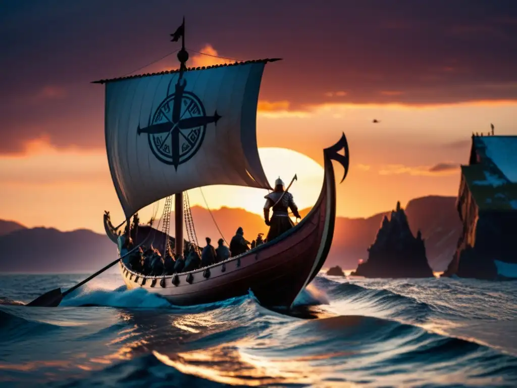 Un majestuoso drakkar vikingo navegando hacia el horizonte al atardecer, con Valhalla de fondo y símbolos nórdicos, creencias vikingas vida después