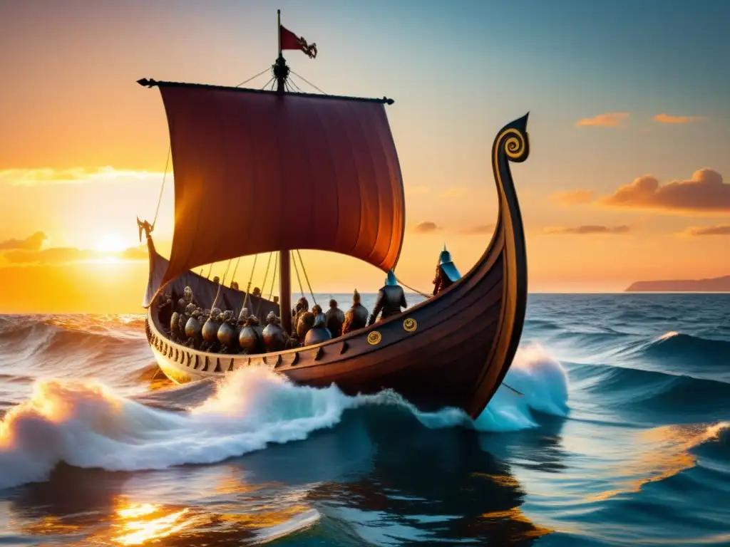 Un majestuoso drakkar vikingo surcando el océano al atardecer