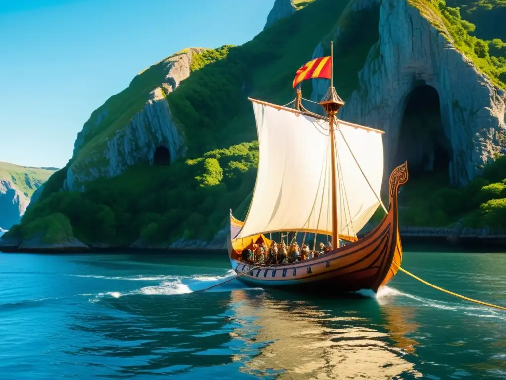 Un majestuoso drakkar vikingo surcando rutas marítimas históricas y misteriosas, tripulado por fieros guerreros