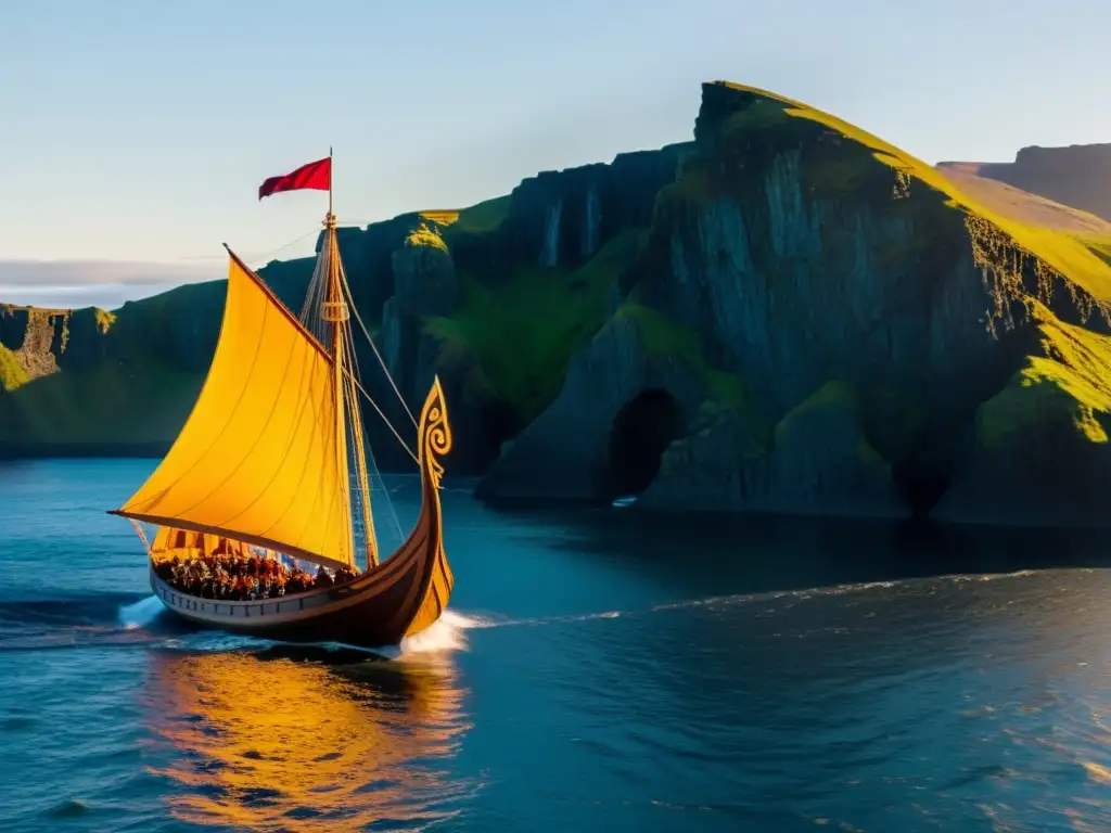 Un majestuoso drakkar vikingo navegando bajo el sol de medianoche en Islandia, con acantilados y reenactores vikingos a bordo