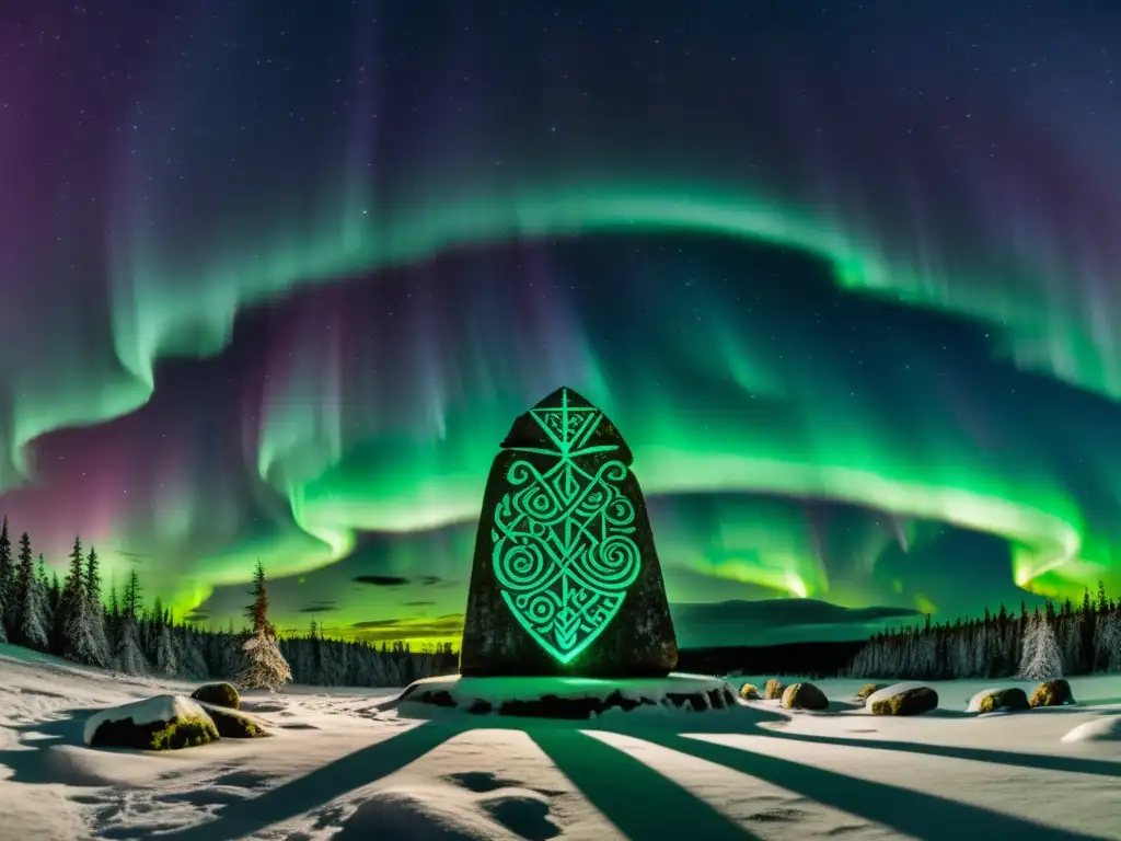 Majestuoso bosque escandinavo iluminado por auroras boreales, con una antigua piedra rúnica vikinga