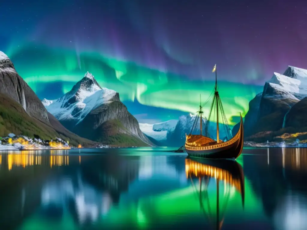 Un majestuoso fiordo noruego con la aurora boreal y un barco vikingo, conectando paisaje y cultura