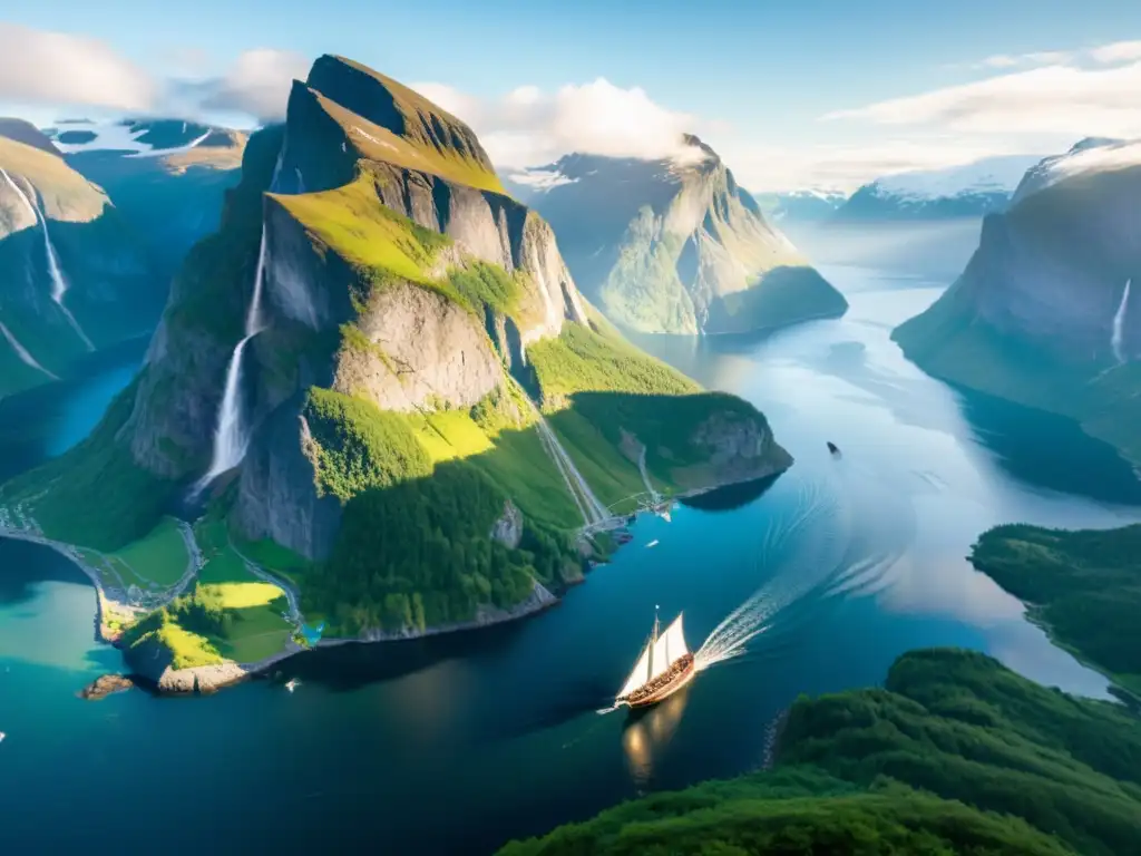 Un majestuoso fiordo noruego con un barco vikingo navegando entre acantilados y montañas nevadas