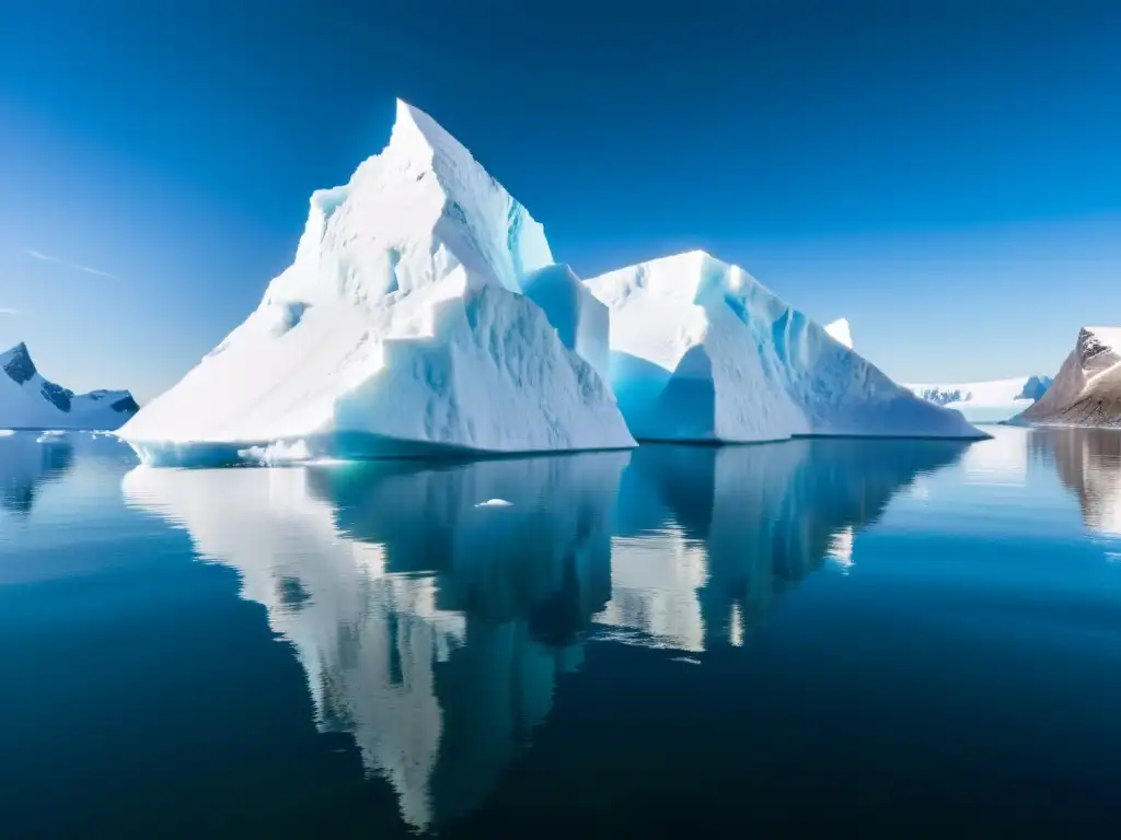 Un majestuoso iceberg flotando en aguas cristalinas de un fiordo, con patrones y tonos azules y blancos