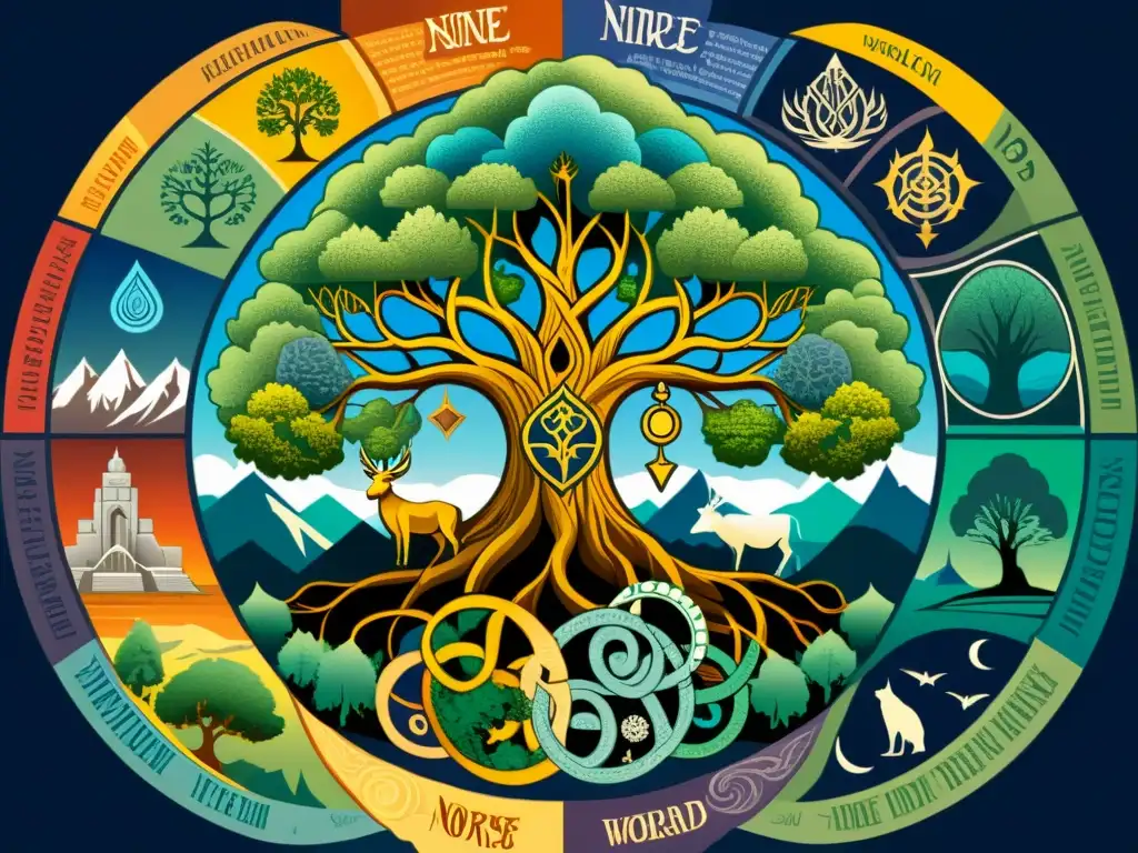 Un majestuoso mapa de los nueve reinos de la mitología nórdica entrelazados por Yggdrasil, destacando Asgard rodeado de Midgard, Jotunheim y Alfheim