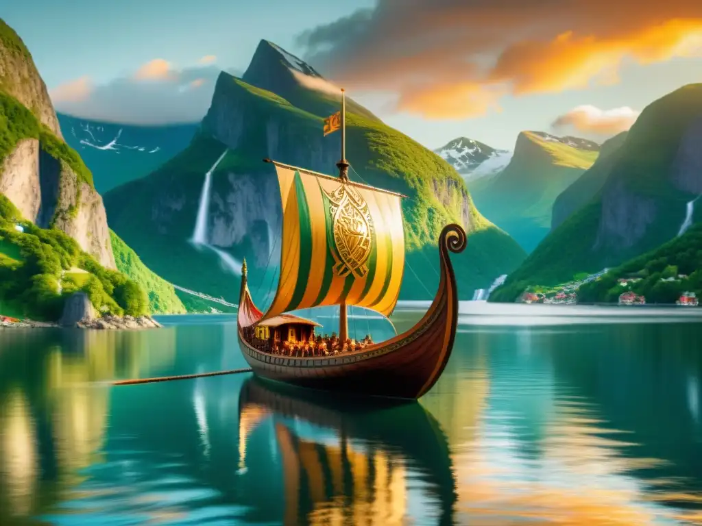 Un majestuoso navío vikingo surca un fiordo al atardecer, con símbolos de Freyr