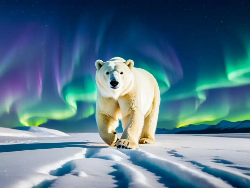 Majestuoso oso polar en paisaje helado bajo auroras boreales, cine captura belleza norte salvaje