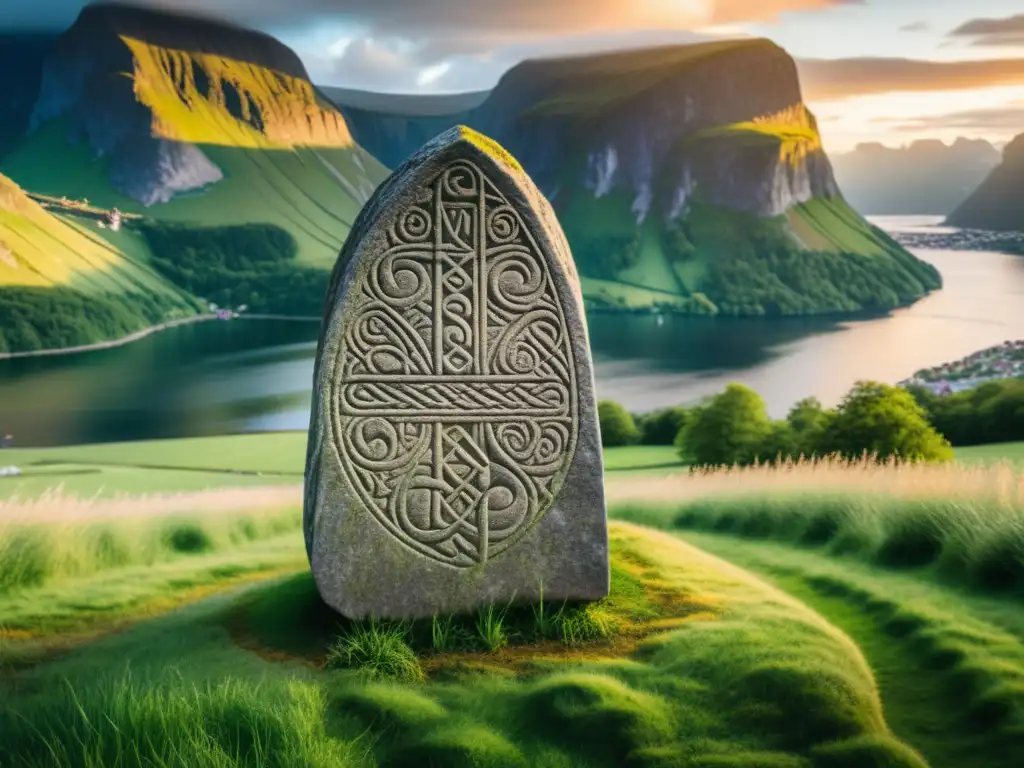 Majestuoso runestone vikingo en un campo verde, con fiordo nórdico de fondo