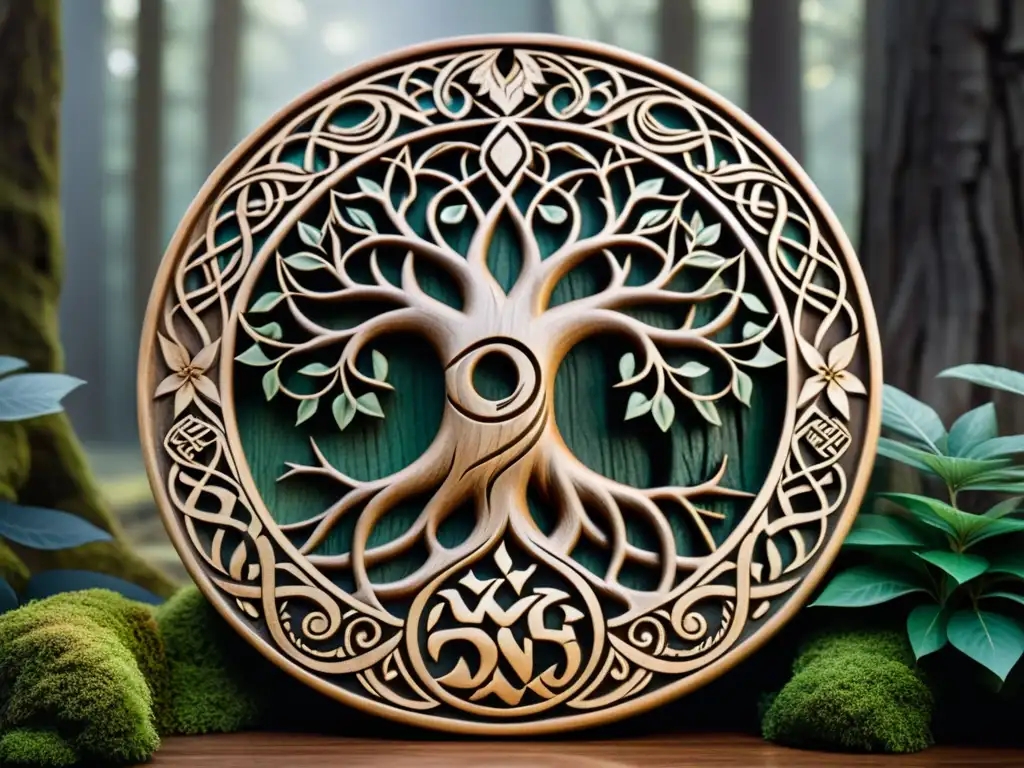 Majestuoso tallado en madera del Árbol de la vida vikingo en un bosque nórdico místico y bañado en luz