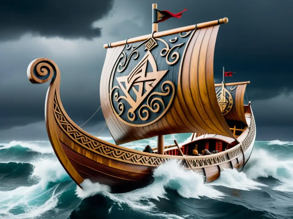 Majestuoso tallado en madera simbología vikinga: un drakkar surca mares turbulentos bajo un cielo tormentoso