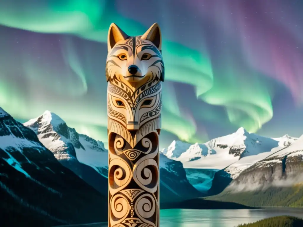 Tótem vikingo: símbolos nórdicos tallados en madera Un majestuoso totem vikingo con animales espirituales entrelazados en un paisaje nebuloso y las auroras boreales