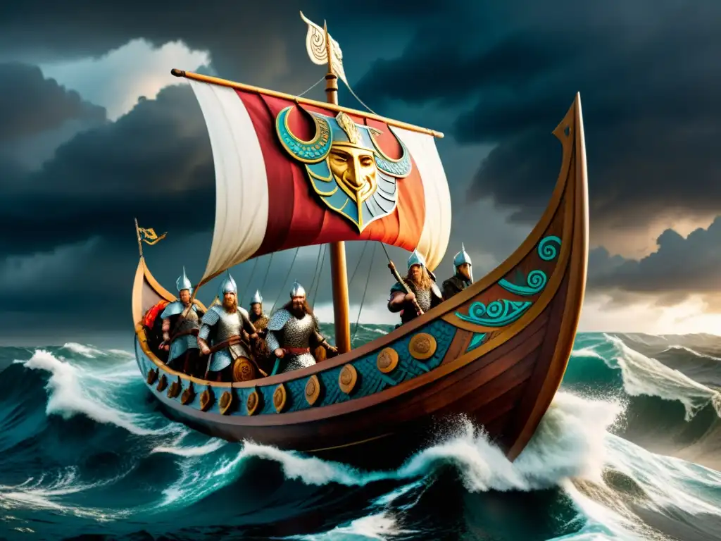 Un majestuoso drakkar vikingo surca agitadas aguas con guerreros y escudos coloridos, evocando la comparativa mitología vikinga culturas