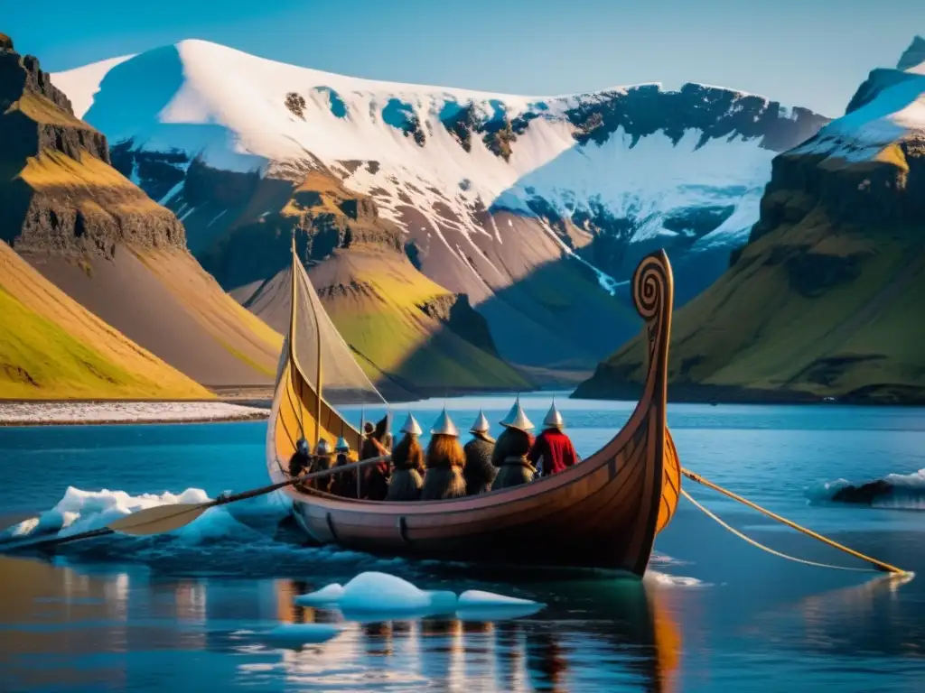 Un majestuoso drakkar vikingo surca las aguas heladas de un fiordo en Islandia, con montañas nevadas y el sol de medianoche