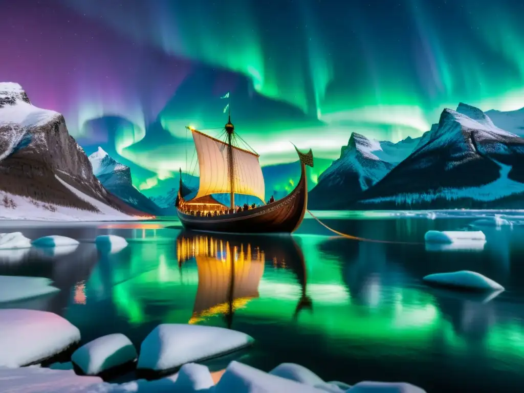 Un majestuoso drakkar vikingo navega bajo la aurora boreal, revelando la conexión entre los seafarers vikingos y su culto a los ancestros de la mitología nórdica