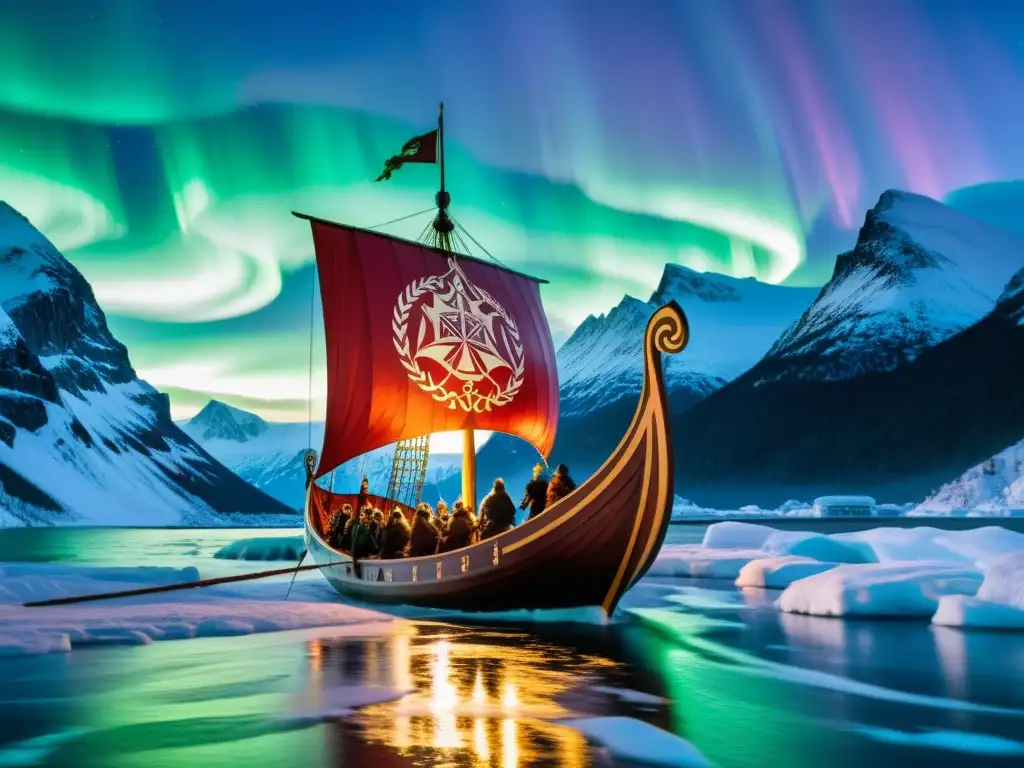 Un majestuoso drakkar vikingo surca un fiordo helado bajo la aurora boreal, tripulado por fieros guerreros