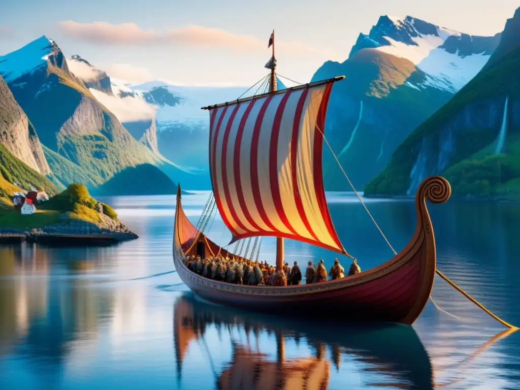 Un majestuoso drakkar vikingo navega en un fiordo neblinoso al amanecer, con símbolos de protección en rojo, dorado y azul