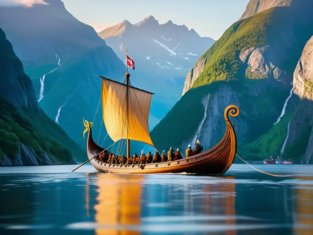 Un majestuoso drakkar vikingo surca un fiordo noruego, rodeado de una atmósfera mística al atardecer