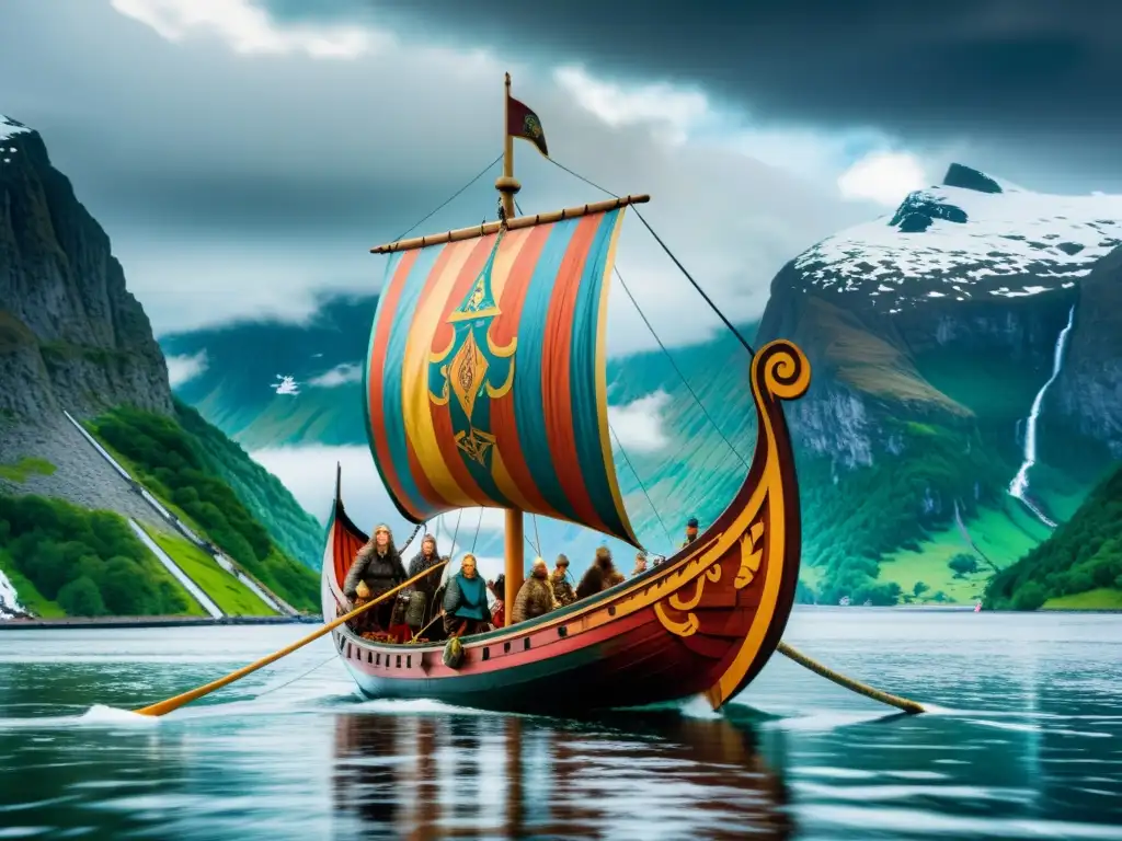 Un majestuoso drakkar vikingo surca un fiordo sereno entre nubes, con guerreros fieros y montañas nevadas