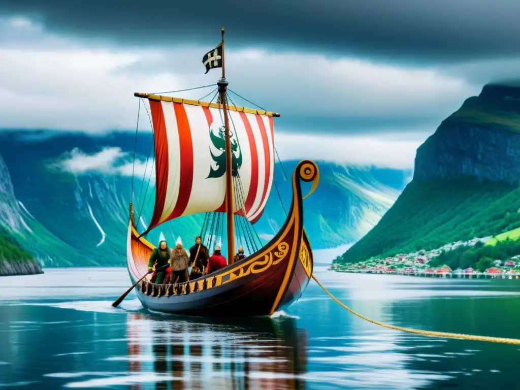 Un majestuoso drakkar vikingo surca los fiordos cerca de Trondheim, Noruega, capital de los Reyes Vikingos en Noruega