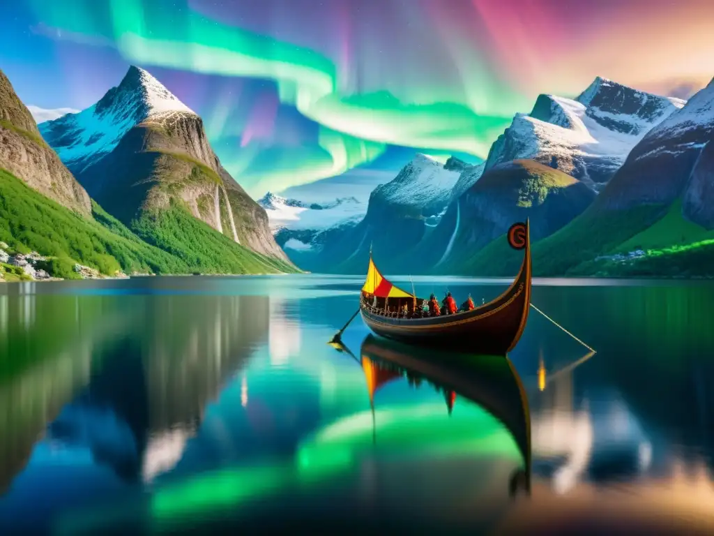 Un majestuoso drakkar vikingo surca los fiordos noruegos bajo la aurora boreal, reflejando la cultura y mitología vikinga