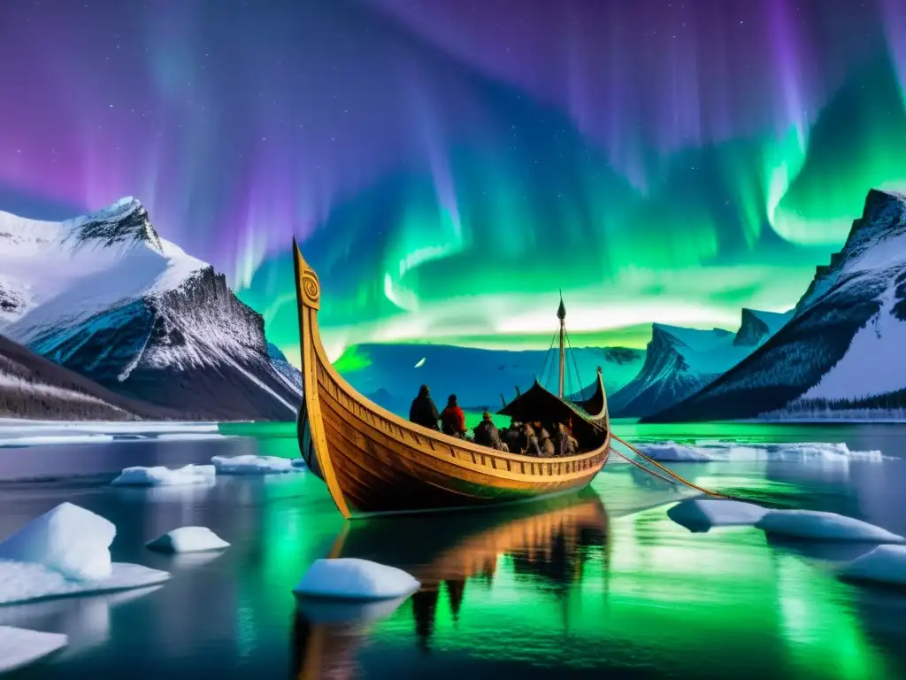 Un majestuoso drakkar vikingo navega bajo las luces del norte, con montañas escarpadas de fondo