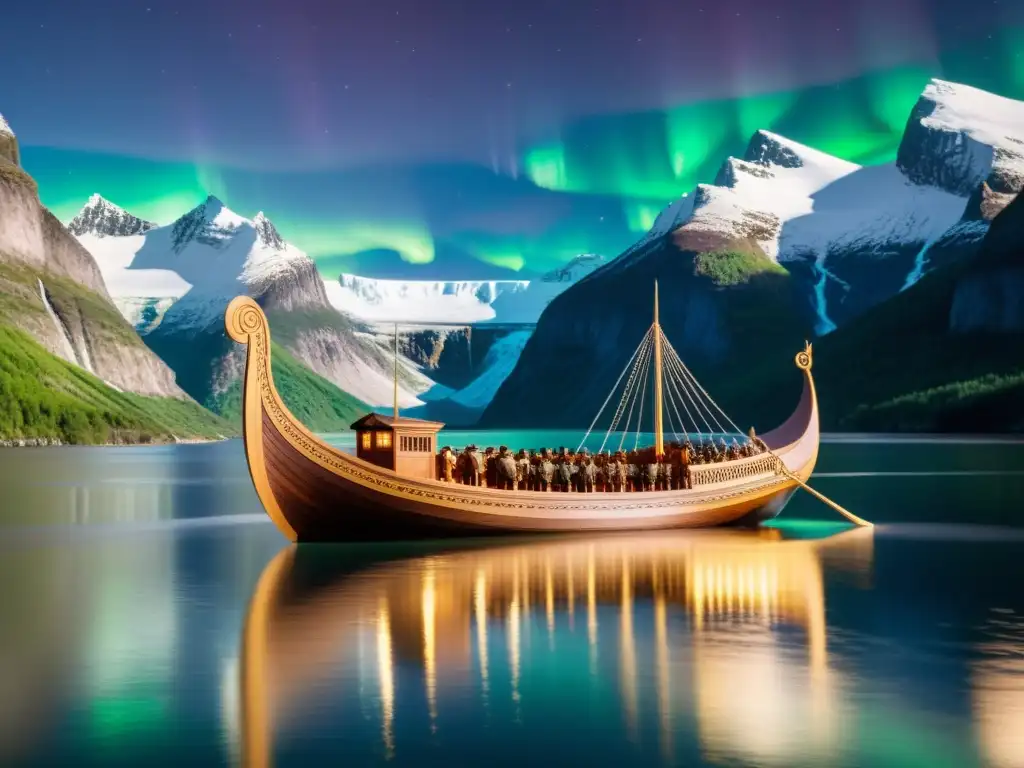 Un majestuoso drakkar vikingo de madera tallada navega por un fiordo, con montañas nevadas y la aurora boreal iluminando el cielo