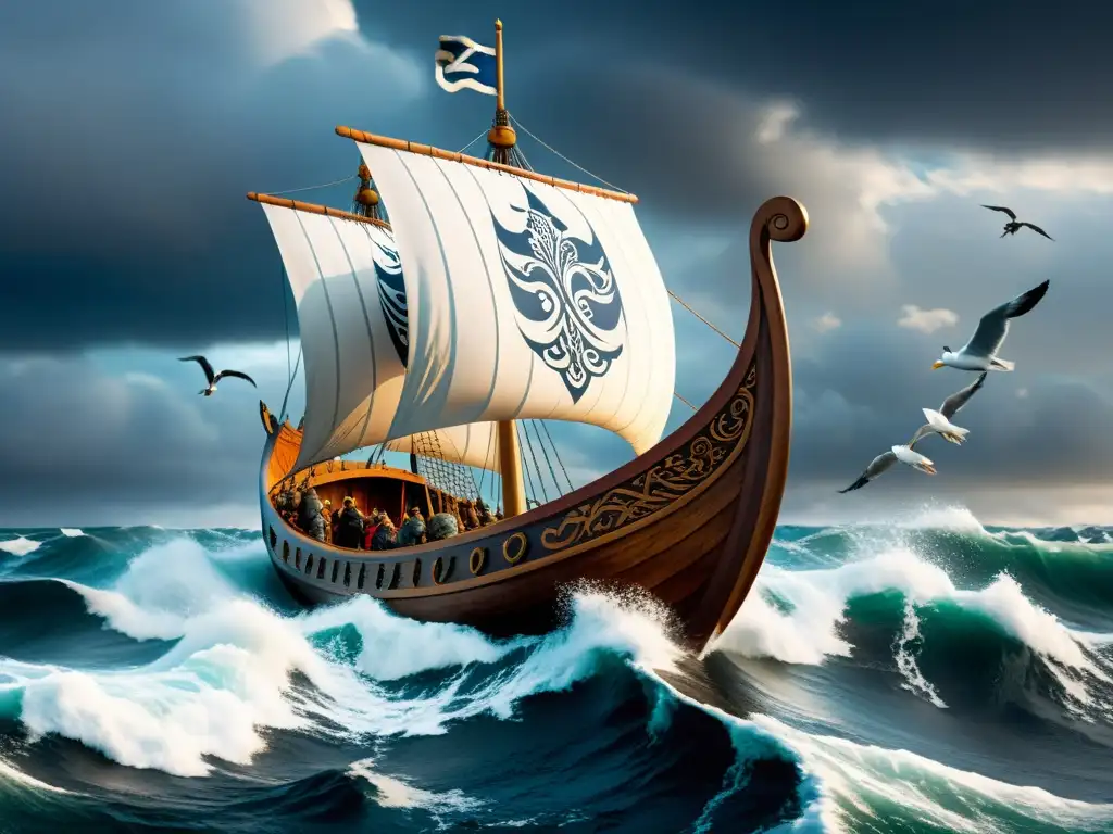 Un majestuoso drakkar vikingo surca el mar embravecido bajo un cielo nublado, rodeado de gaviotas