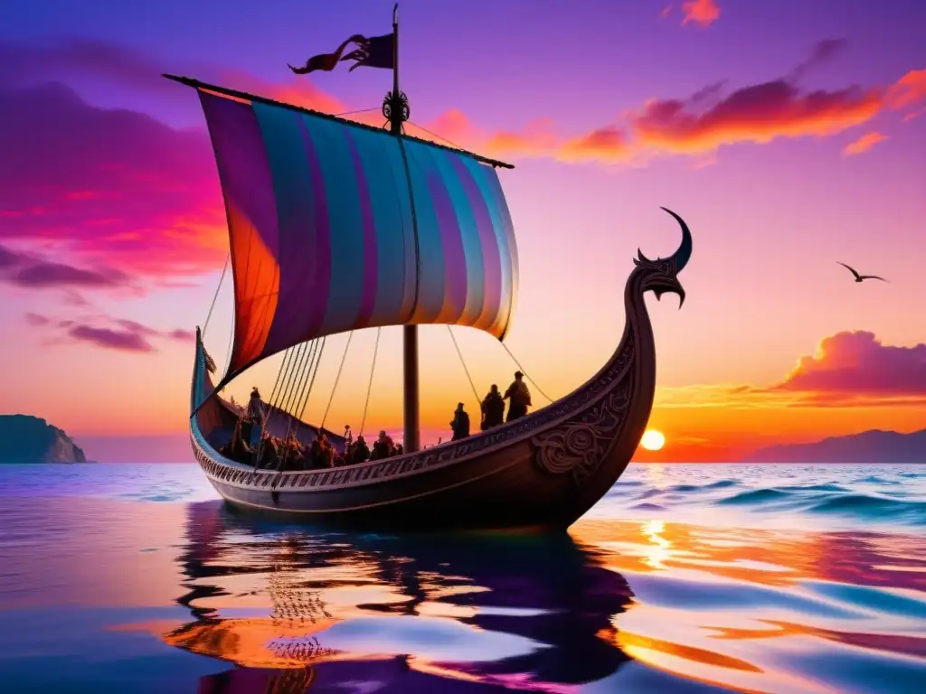 Un majestuoso drakkar vikingo surca el Mediterráneo al atardecer, reflejando la influencia vikinga en la cultura mediterránea