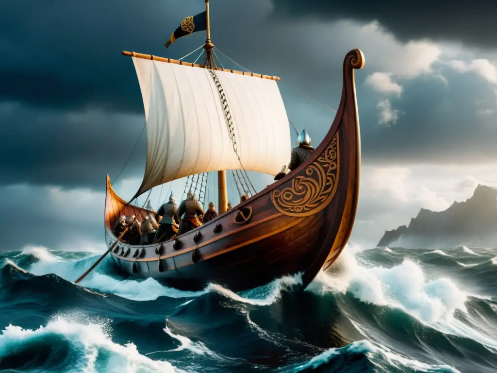 Un majestuoso drakkar vikingo surca turbulentas aguas nórdicas, con guerreros a bordo