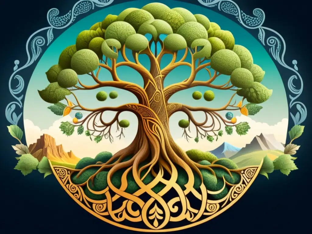 Un majestuoso Yggdrasil de la mitología nórdica, con criaturas míticas y símbolos entrelazados