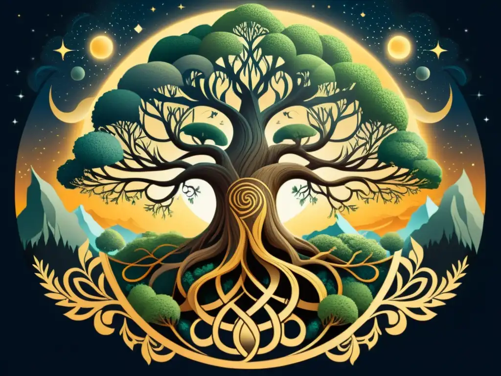 Un majestuoso Yggdrasil en la mitología nórdica, conectando los nueve mundos