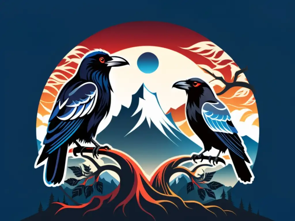 Dos majestuosos cuervos en Yggdrasil con ojos azul y rojo, representando a Huginn y Muninn en la mitología vikinga