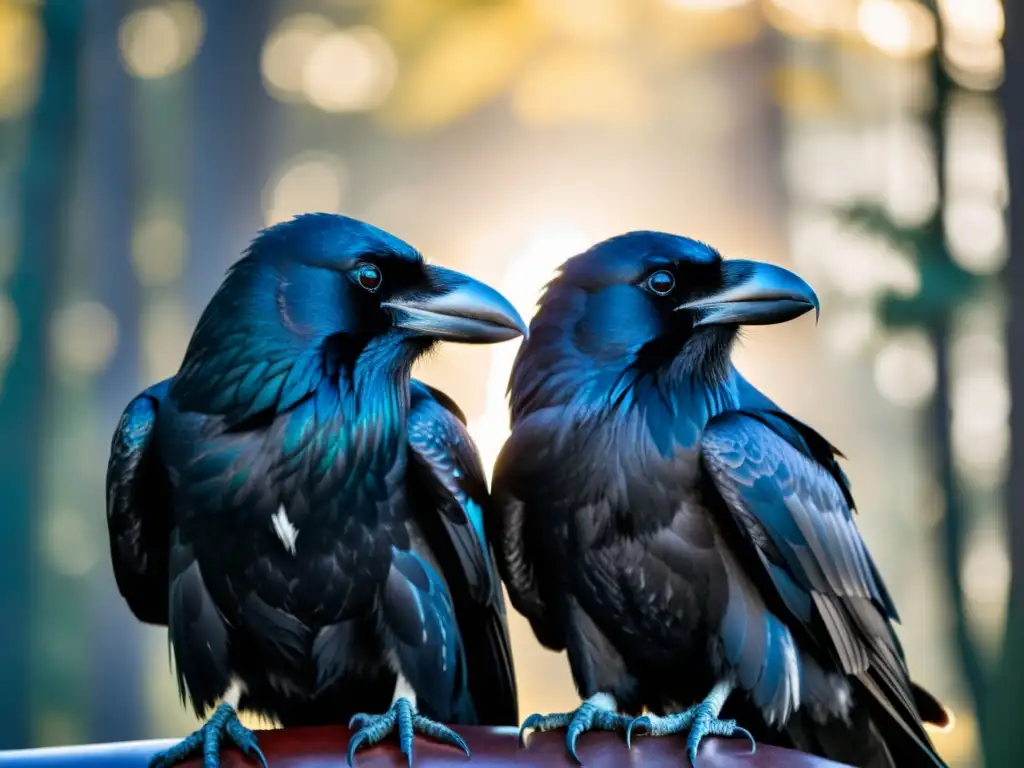 Dos majestuosos cuervos posados en los hombros de una figura poderosa, representando a Huginn y Muninn en la mitología vikinga