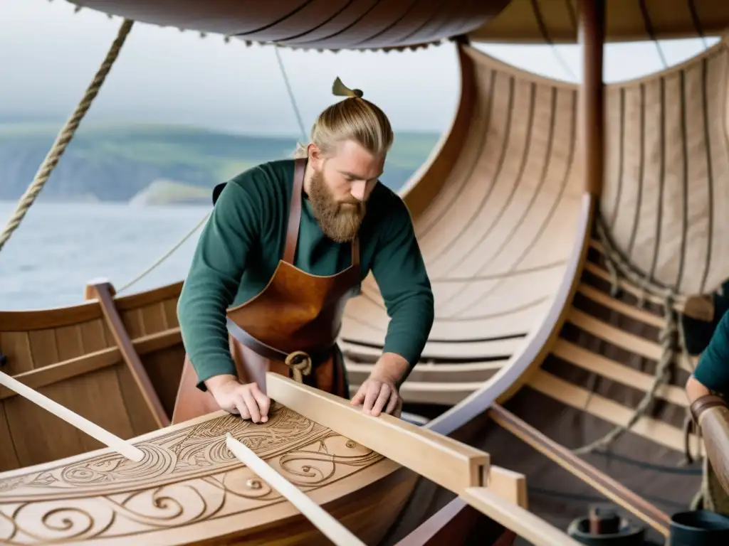 Construcción y manejo de barcos vikingos en una escena detallada de artesanos construyendo un drakkar en una costa escandinava al atardecer