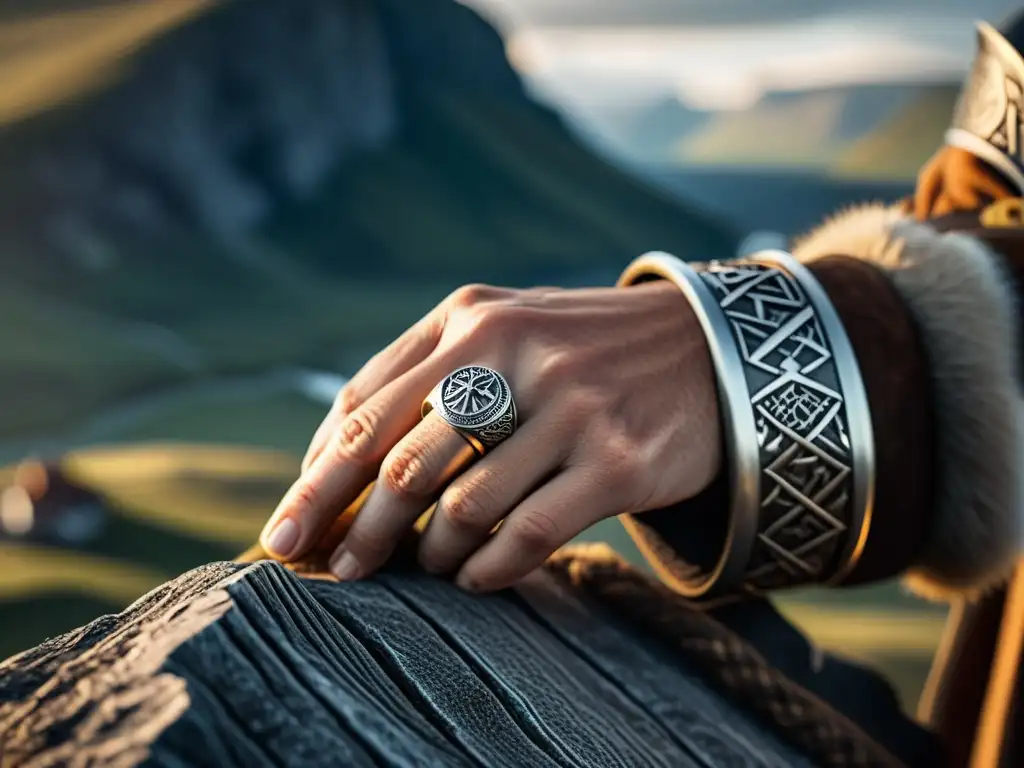 La mano de un guerrero vikingo sostiene un anillo plateado con símbolos nórdicos, en un paisaje escandinavo