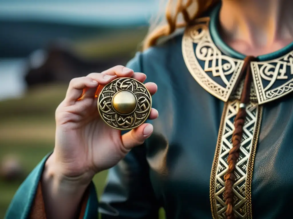 Mano de mujer vikinga sostiene broche con joyería vikinga en cine y televisión