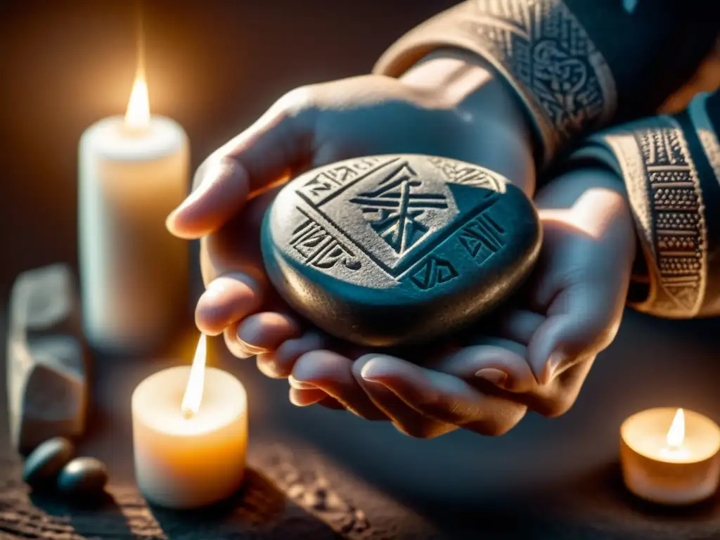 Mano sostiene piedras rúnicas antiguas en luz de velas, detalle de carvings