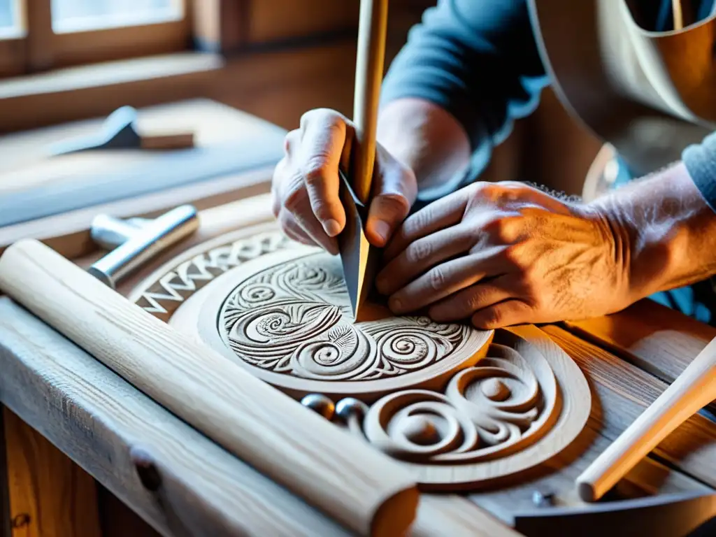 Manos de artesano vikingo tallando diseño en madera en taller acogedor