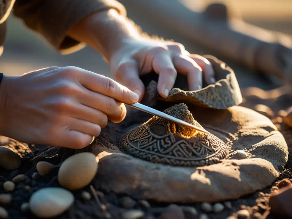 Manos delicadas descubren reliquia vikinga con técnicas de cuidado, bajo cálida luz del sol en excavación de equipo