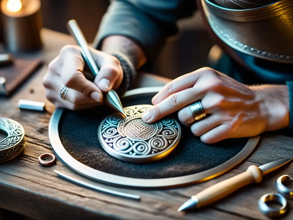 Manos expertas crean amuleto vikingo en taller de joyería, con aros inspirados en la época