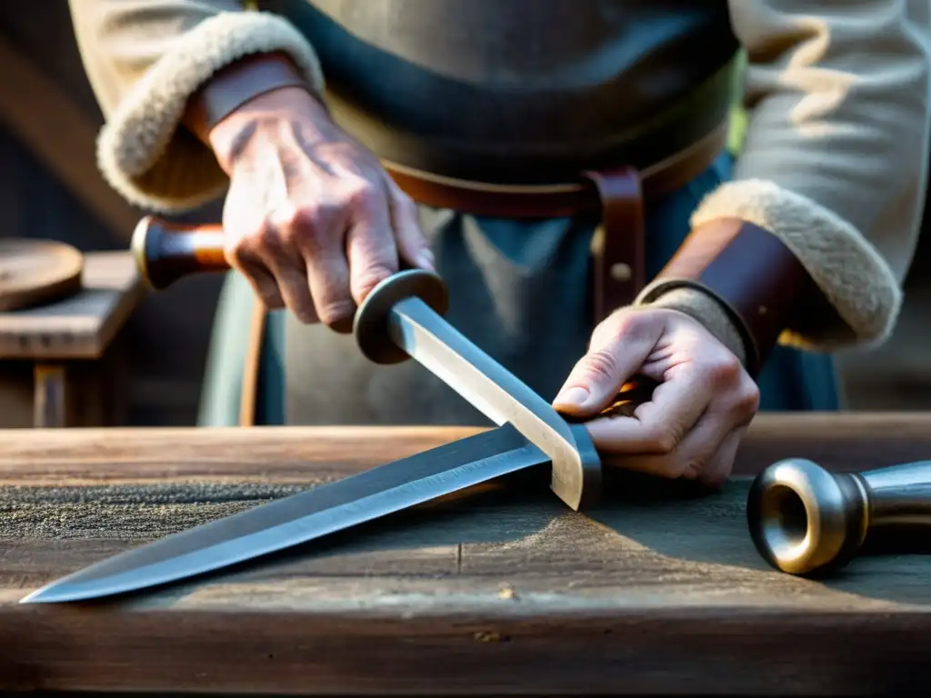 Manos expertas de artesano vikingo trabajando con herramientas tradicionales en taller histórico