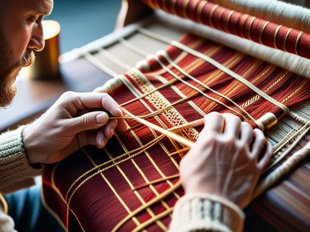 Manos expertas tejiendo patrón vikingo en rojo y dorado, resaltando el significado del arte textil vikingo