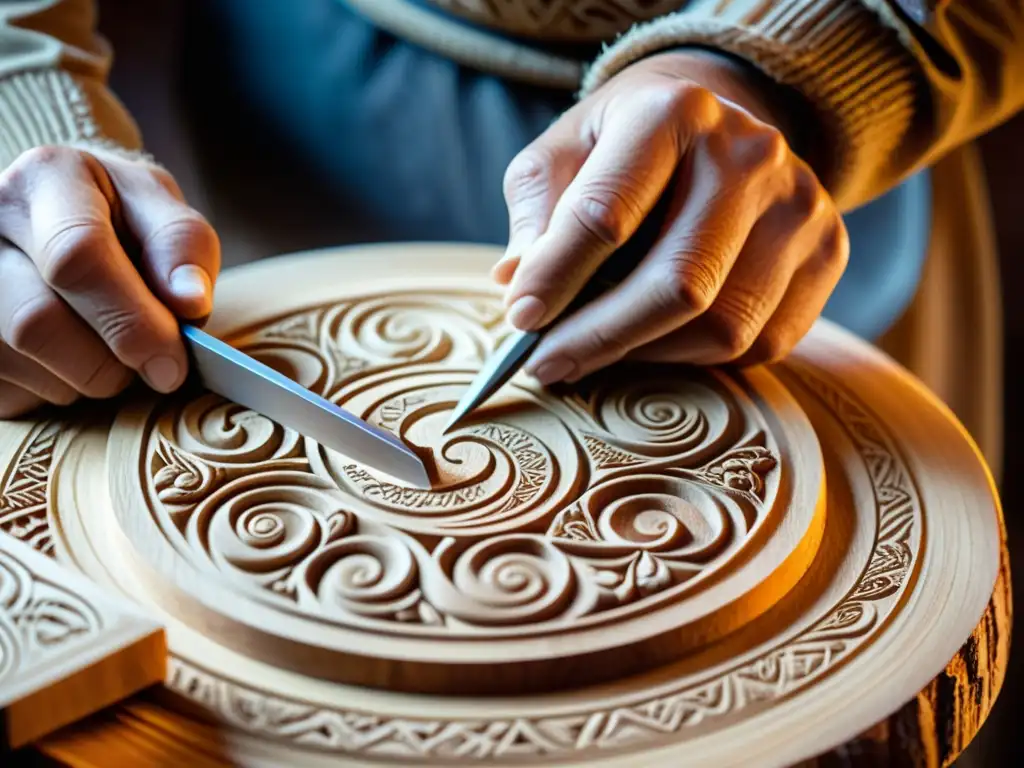 Manos expertas tallando simbología vikinga en madera, con chisel esculpiendo diseño ancestral y virutas cayendo al suelo