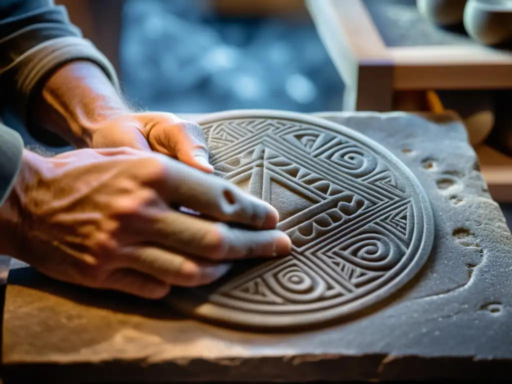 Las manos de un hábil artesano tallando runas vikingas en piedra, en un taller mágico iluminado por velas