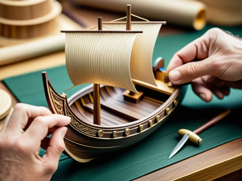 Manos hábiles esculpen detallado barco vikingo miniatura en madera, destacando precisión y dedicación a figuras barcos vikingos miniatura