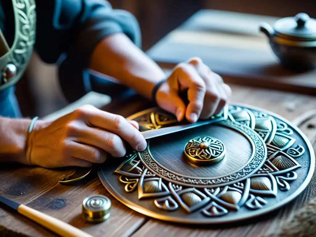 Manos hábiles interpretando iconografía joyería vikinga en la creación detallada de un broche vikingo