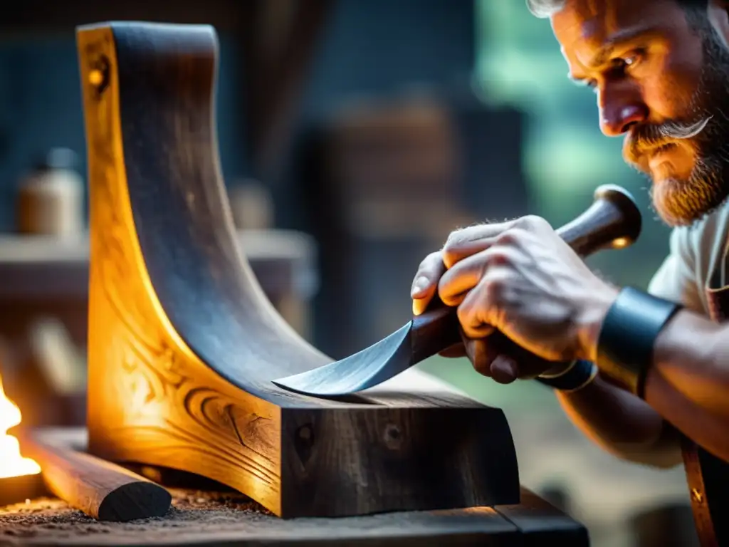 Manos hábiles esculpen réplicas hachas vikingas en taller tenue con luz de linterna