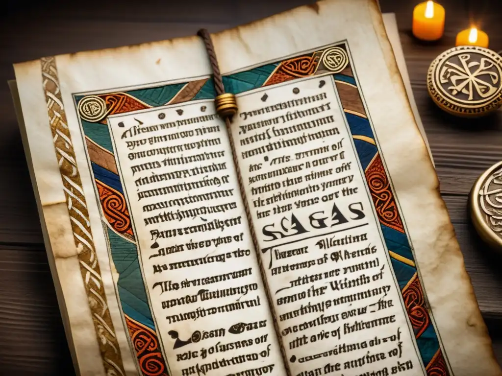 Manuscrito vikingo: runas y sagas legendarias Manuscrito vikingo detallado con runas e ilustraciones, resaltando la importancia de los manuscritos en la era vikinga