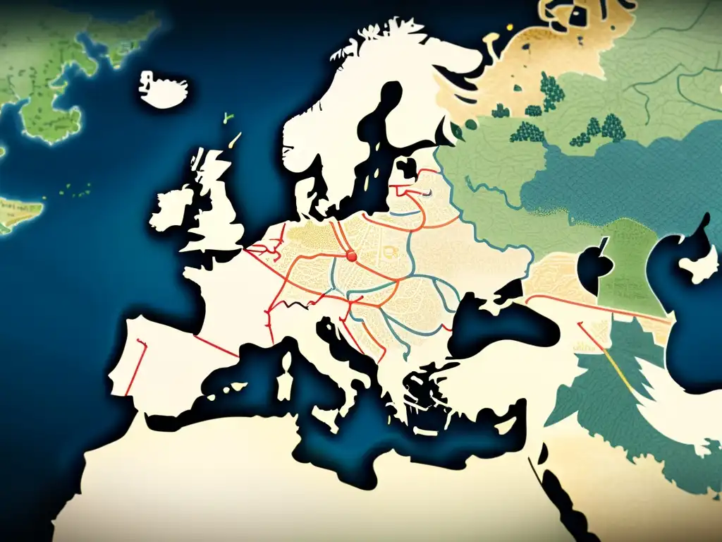 Mapa detallado de Europa medieval con alianzas vikingas en intrincadas líneas y barcos vikingos navegando en mares turbulentos