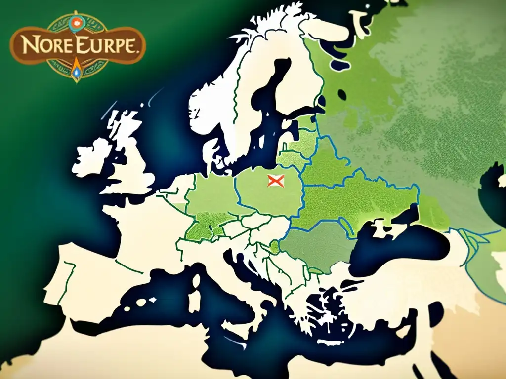 Mapa detallado e intrincado del impacto de la lengua nórdica en dialectos europeos, con tonos terrosos y verdes históricos